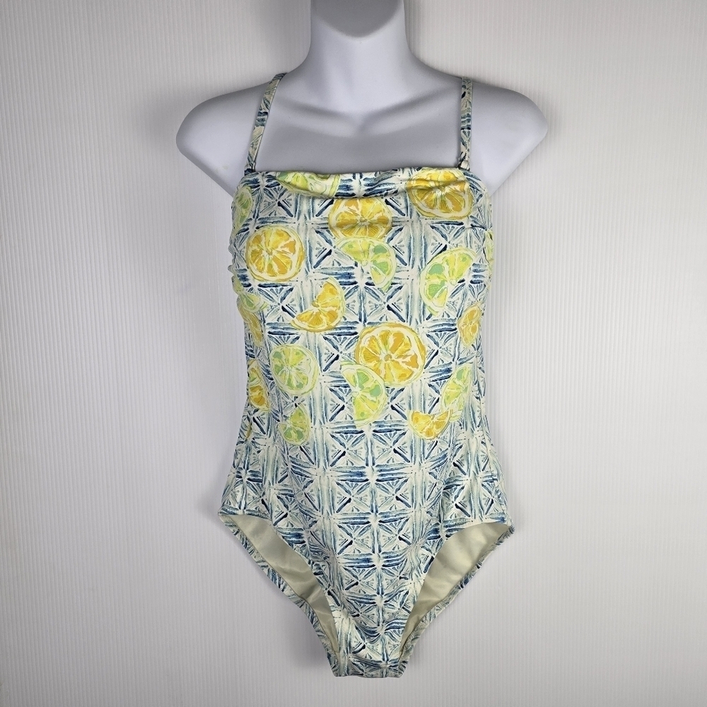 Lands'‎ End Women’s Bandeau OnePiece Tummy Control Blue and Yellow Adj Strap 10